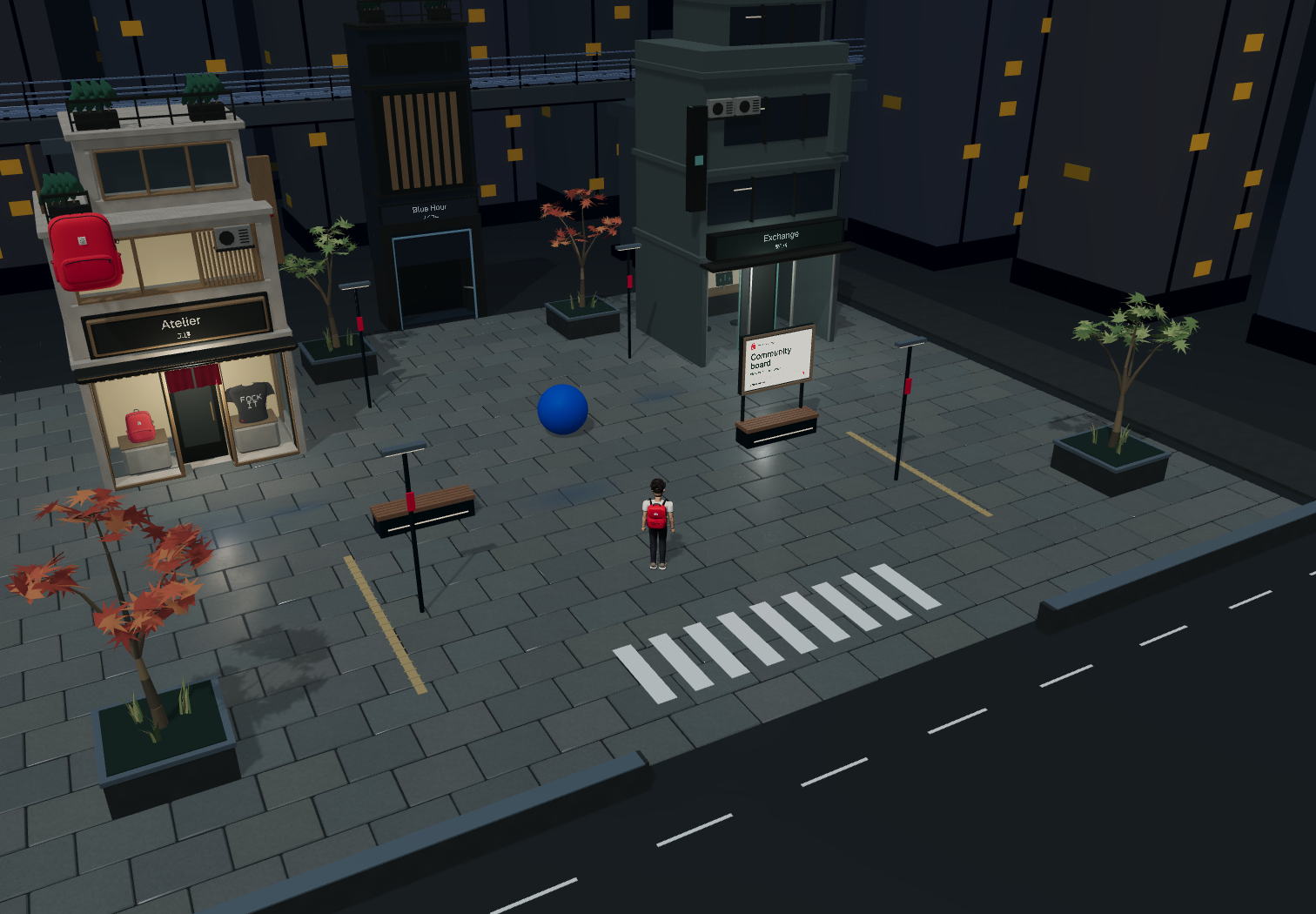 The actual Just a Backpack game: a Tokyo-inspired square with shops, an elevated railway and red-backpack travelers